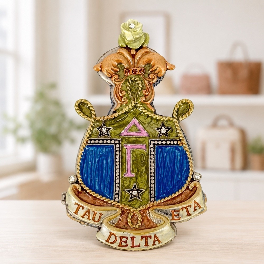 Delta Gamma Tau Delta Eta Hinged Trinket Box Magnetic Closure Crest 4" Greek